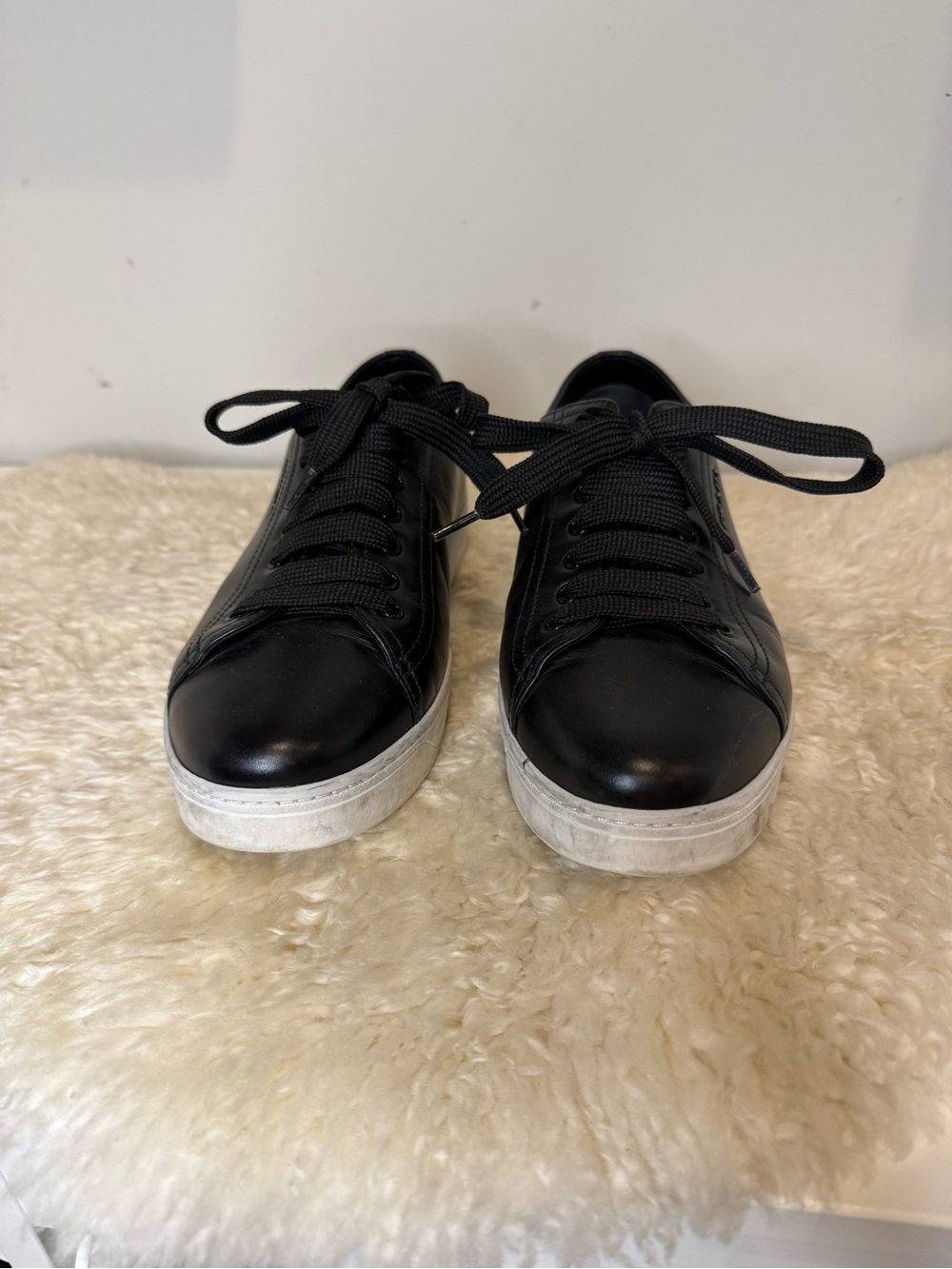 Women’s Prada Black Leather Low-Top Sneakers with White Sole size 38.5